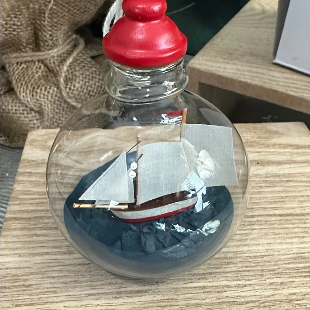 Crate & Barrel Ship-In-A-Bottle Glass Christmas Ornament Nautical